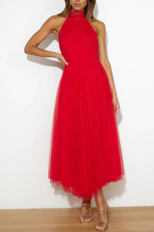 Fairy Vibes Tulle Gathered Detail Halter Maxi Dress