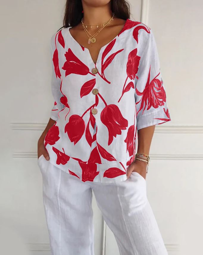 Button-up blouse in floral-printed cotton and linen