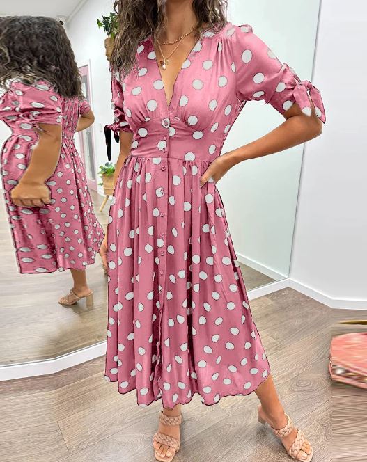Deep V-neck polka-dot dress