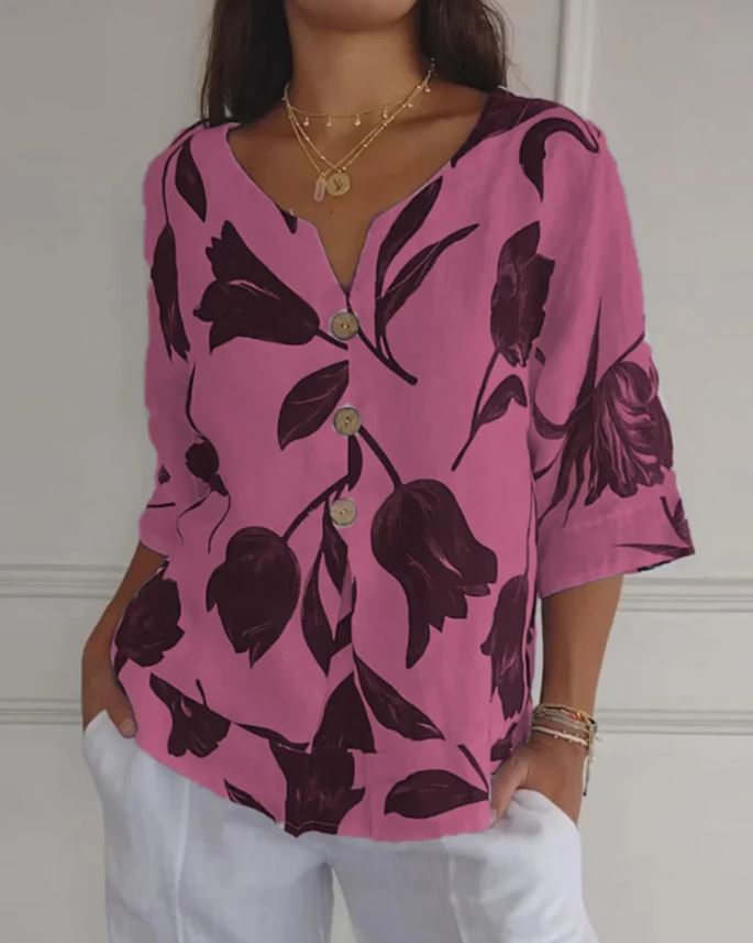 Button-up blouse in floral-printed cotton and linen
