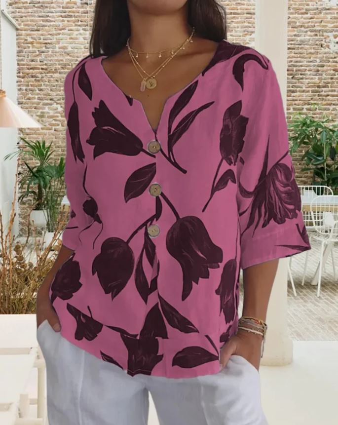 Button-up blouse in floral-printed cotton and linen