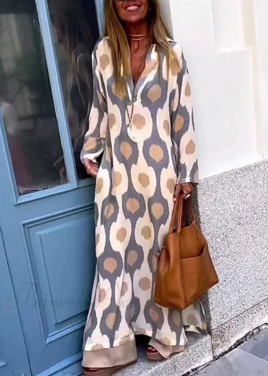 Geometric Printing Split Autumn V Neck Boho Dress