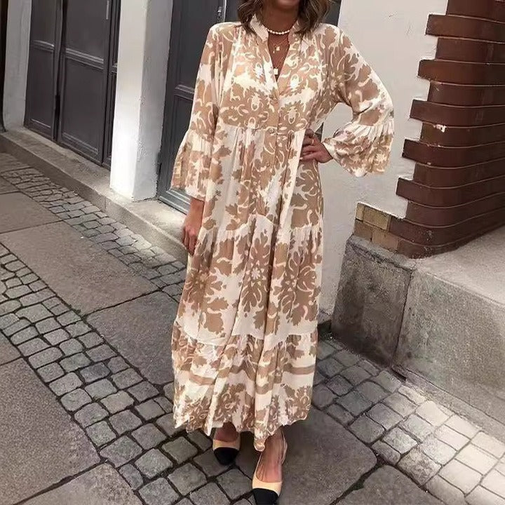 Attractive V-Neck 3/4 Sleeve Maxi Dress