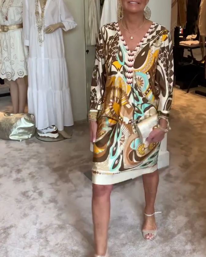 Retro Print V-Neck Casual Dress