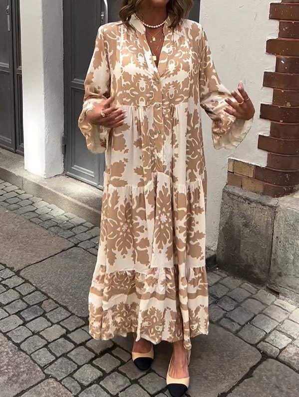 Attractive V-Neck 3/4 Sleeve Maxi Dress