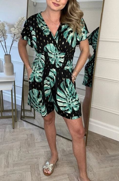 Casual Floral Polka Dot Pocket Romper