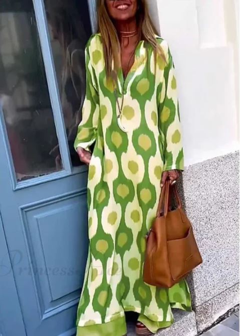 Geometric Printing Split Autumn V Neck Boho Dress