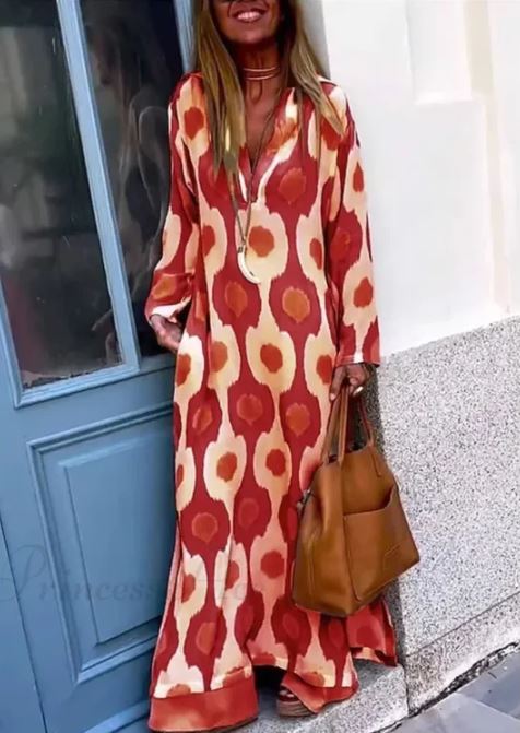 Geometric Printing Split Autumn V Neck Boho Dress