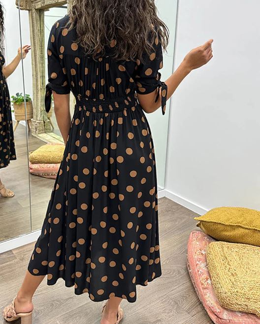 Deep V-neck polka-dot dress