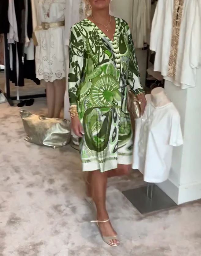 Retro Print V-Neck Casual Dress