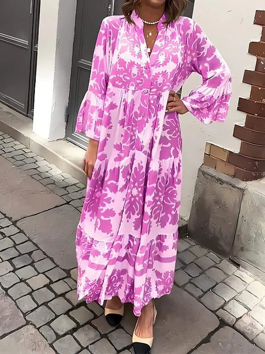 Attractive V-Neck 3/4 Sleeve Maxi Dress