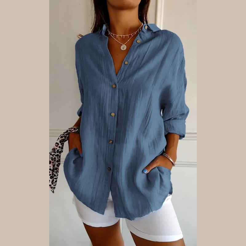 Classic Textured Pleated Shirt with Simple Lapel for Women