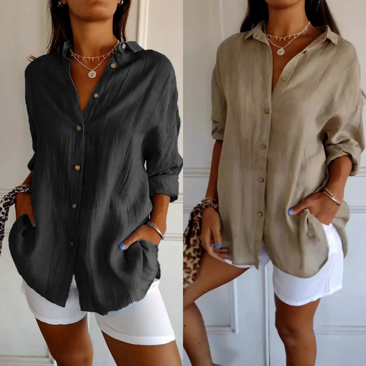 Classic Textured Pleated Shirt with Simple Lapel for Women