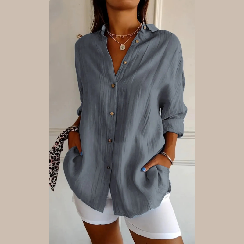 Classic Textured Pleated Shirt with Simple Lapel for Women