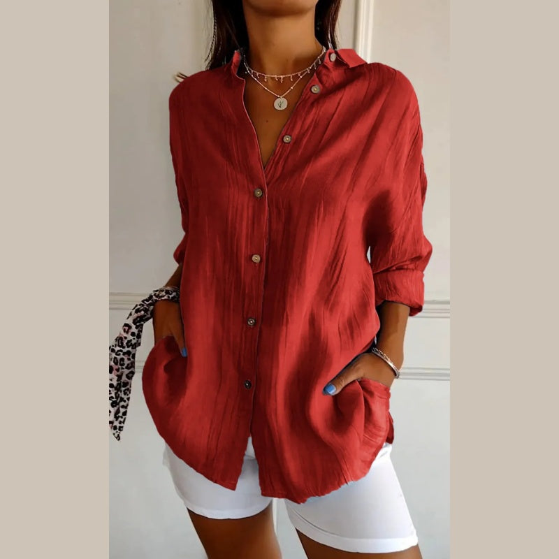 Classic Textured Pleated Shirt with Simple Lapel for Women