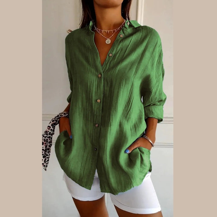 Classic Textured Pleated Shirt with Simple Lapel for Women