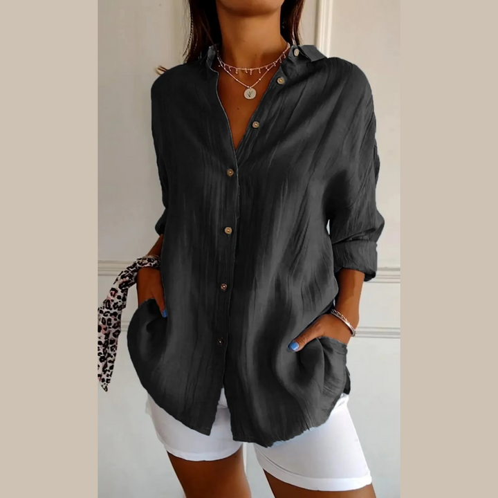 Classic Textured Pleated Shirt with Simple Lapel for Women