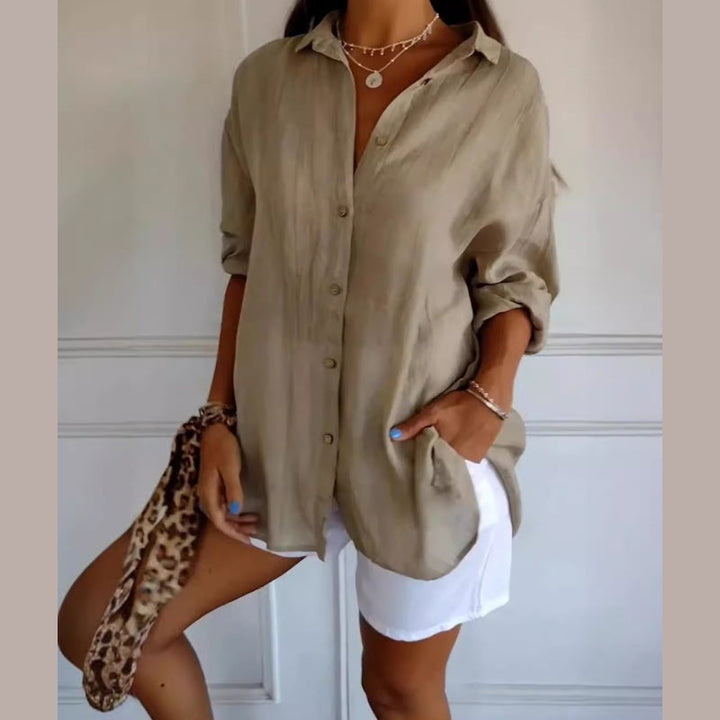 Classic Textured Pleated Shirt with Simple Lapel for Women