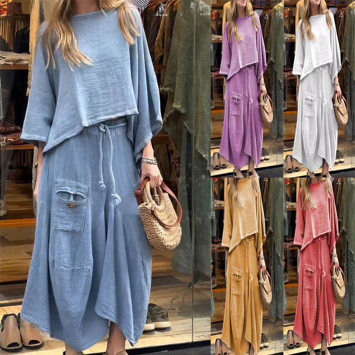 Casual Two-Piece Set: Round Neck Blouse & Loose Fit Skirt - 💖MOTHER'S DAY SPECIAL🤱