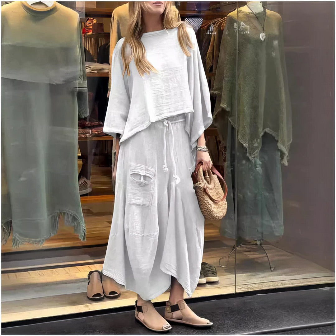 Casual Two-Piece Set: Round Neck Blouse & Loose Fit Skirt - 💖MOTHER'S DAY SPECIAL🤱