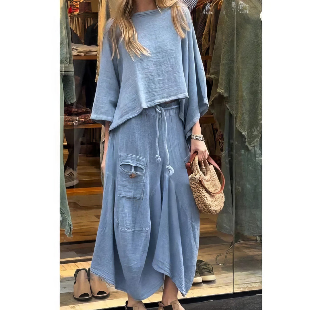 Casual Two-Piece Set: Round Neck Blouse & Loose Fit Skirt - 💖MOTHER'S DAY SPECIAL🤱